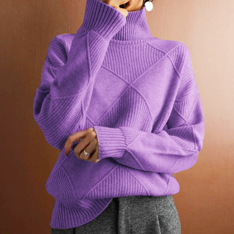 Loose high neck warm sweater solid color knitted pullover top - Image 3