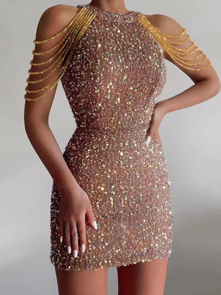Fashionable neck hanging sexy crystal chain wrapped hip sequin dress mid waist evening gown - Image 7