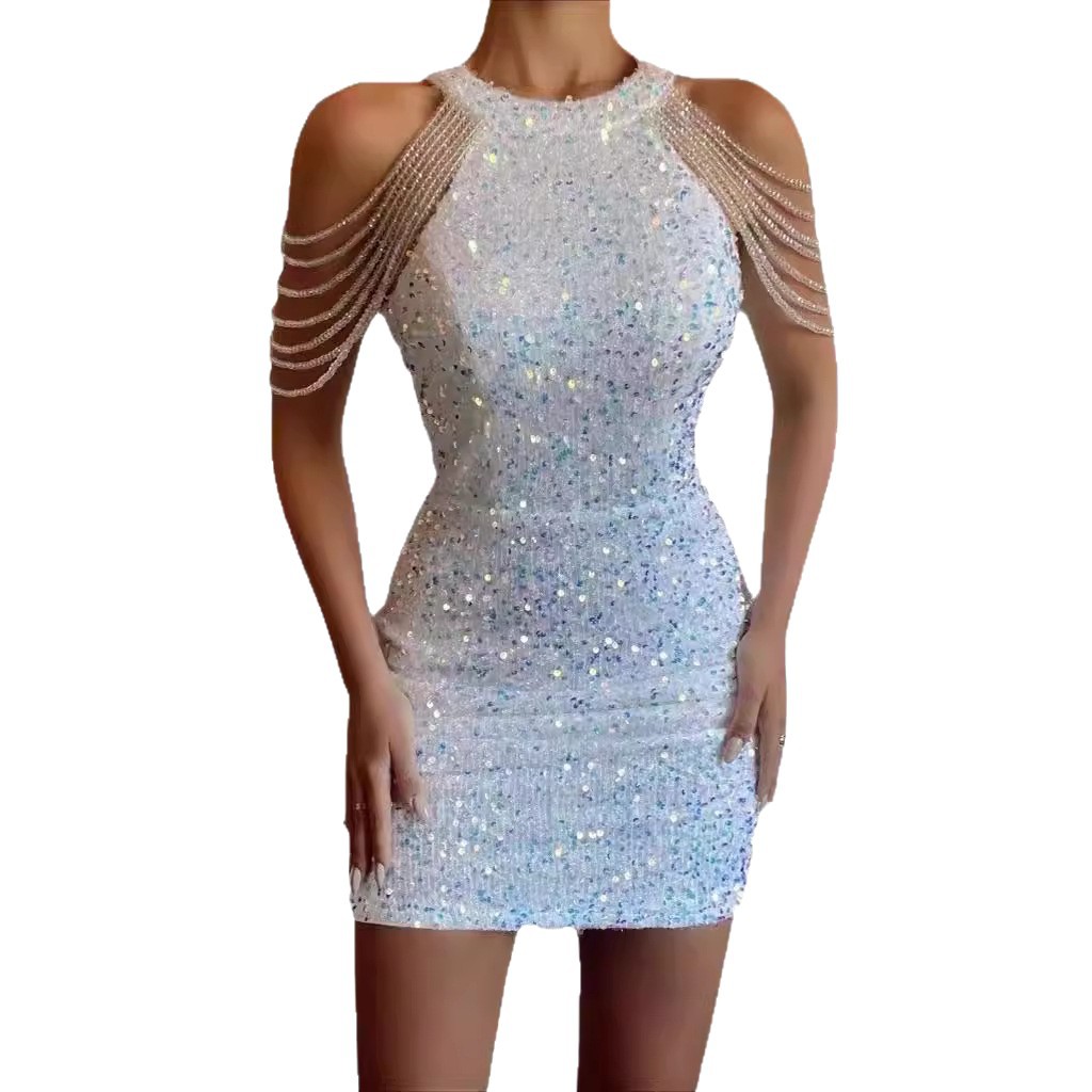 Fashionable neck hanging sexy crystal chain wrapped hip sequin dress mid waist evening gown - Image 6