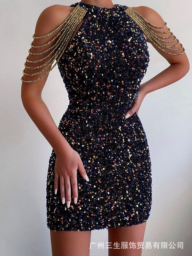 Fashionable neck hanging sexy crystal chain wrapped hip sequin dress mid waist evening gown - Image 8