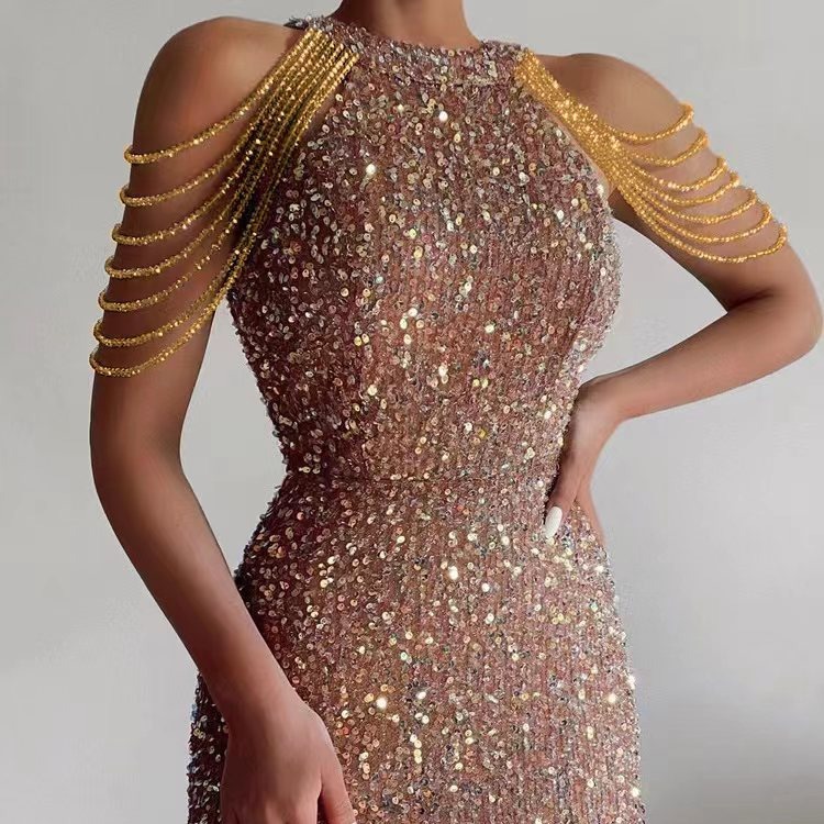 Fashionable neck hanging sexy crystal chain wrapped hip sequin dress mid waist evening gown - Image 2