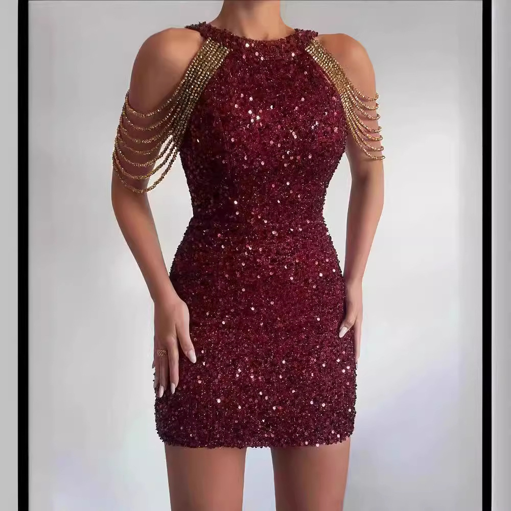 Fashionable neck hanging sexy crystal chain wrapped hip sequin dress mid waist evening gown - Image 3