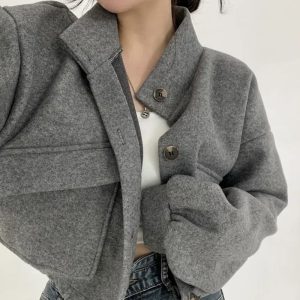 New stand up collar niche short style lazy style loose casual woolen coat