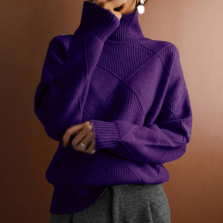 Loose high neck warm sweater solid color knitted pullover top - Image 12