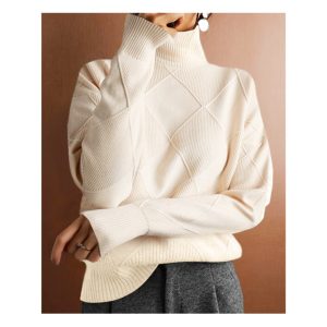 Loose high neck warm sweater solid color knitted pullover top