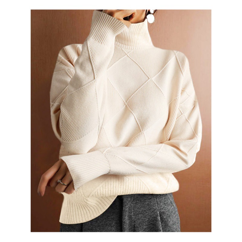 Loose high neck warm sweater solid color knitted pullover top