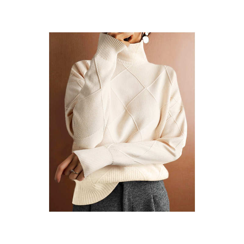 Loose high neck warm sweater solid color knitted pullover top - Image 4