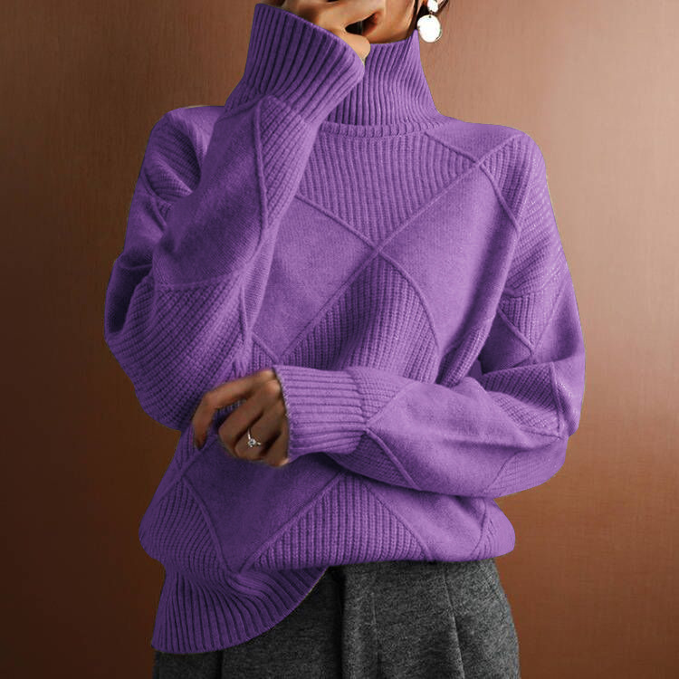 Loose high neck warm sweater solid color knitted pullover top - Image 6