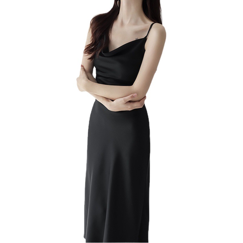 Sour satin swing collar camisole dress for women, sleeveless and stunning long skirt