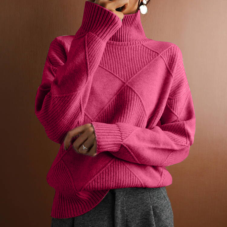 Loose high neck warm sweater solid color knitted pullover top - Image 5