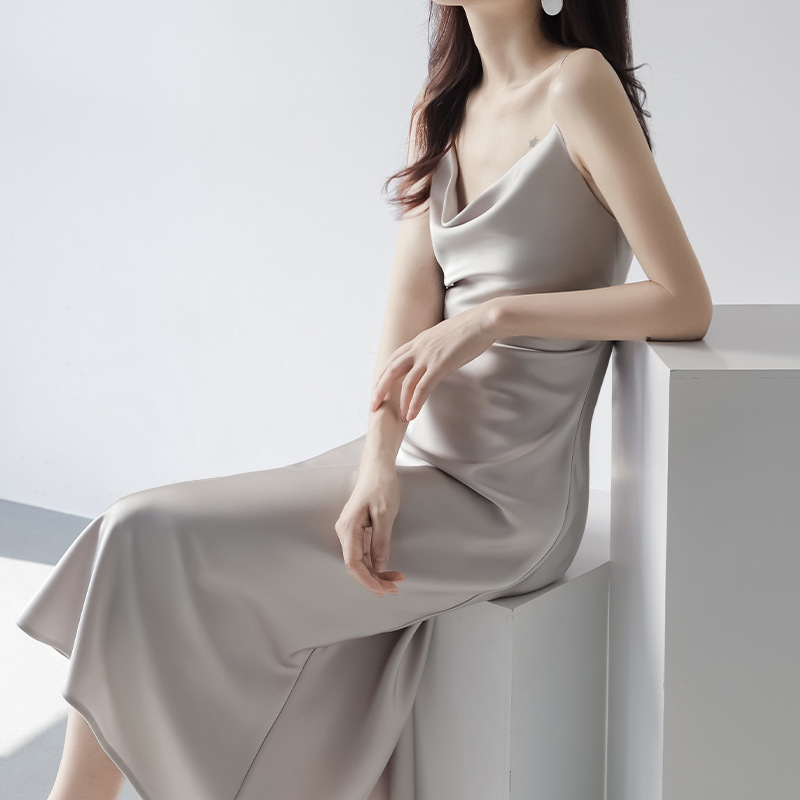 Sour satin swing collar camisole dress for women, sleeveless and stunning long skirt - Image 10