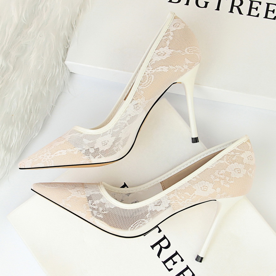 Sexy slimming high heels women's shoes stiletto high heel shallow mouth pointed mesh hollow lace shoes - Image 4
