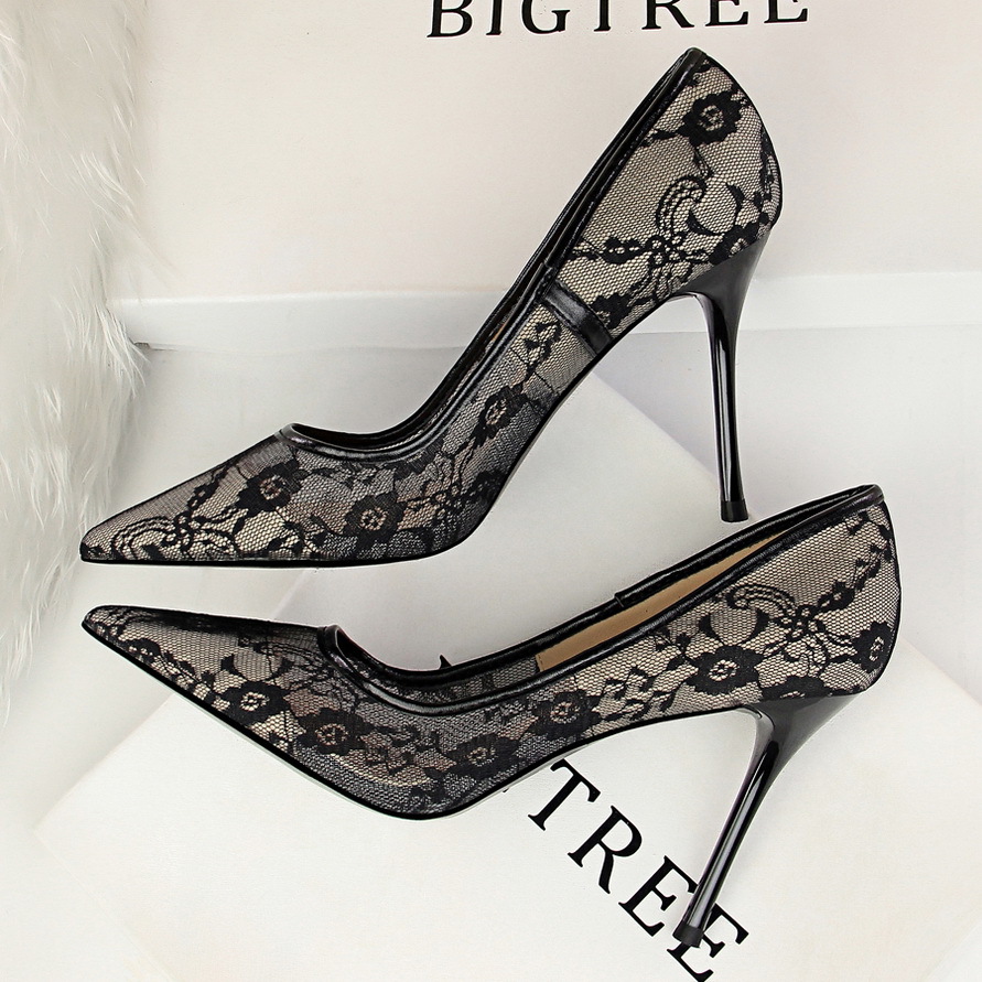 Sexy slimming high heels women's shoes stiletto high heel shallow mouth pointed mesh hollow lace shoes - Image 2