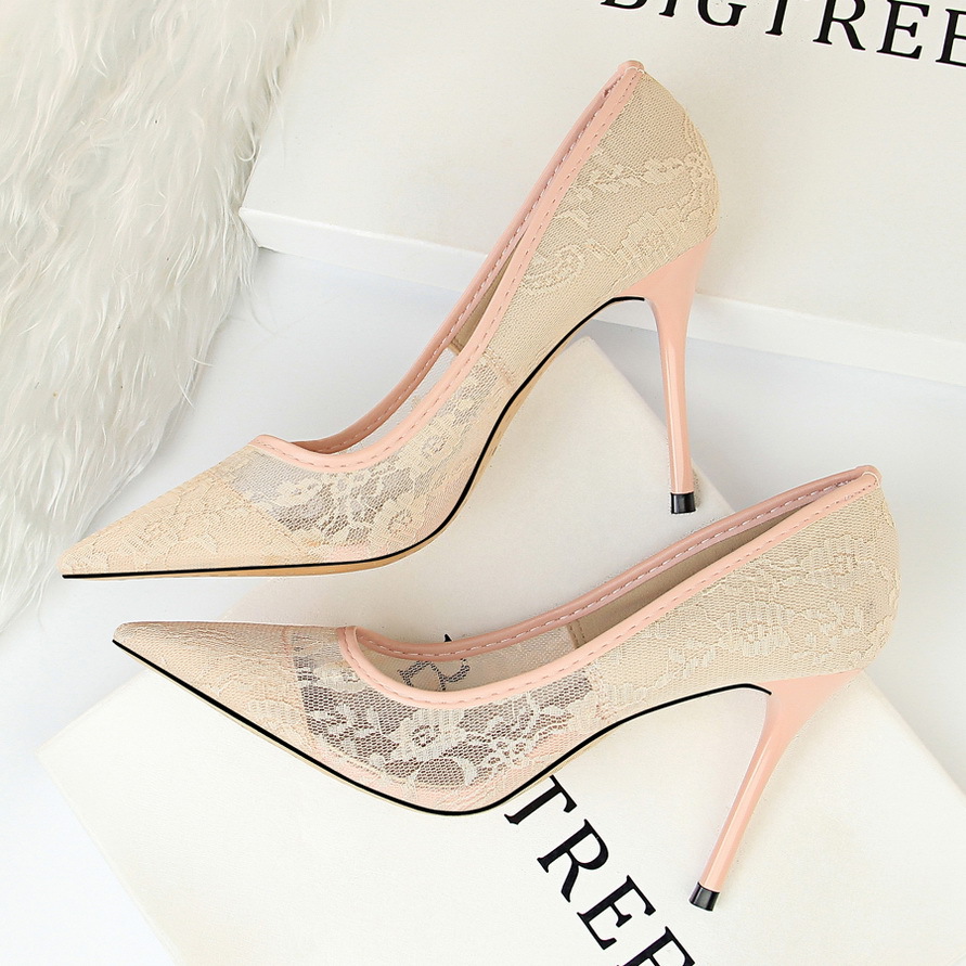 Sexy slimming high heels women's shoes stiletto high heel shallow mouth pointed mesh hollow lace shoes - Image 5