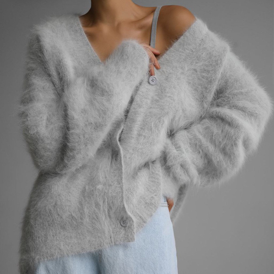 Mink V-neck Knitted Sweater Women's Loose Solid Color Cardigan Women's Coat - Image 2