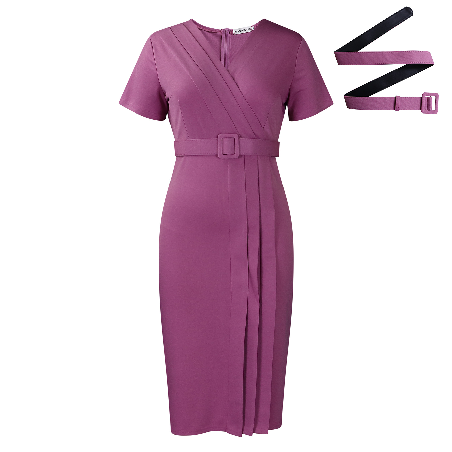 Elegant V-Neck Belted Pencil Dress – Short Sleeve Office Midi Dress - Image 6