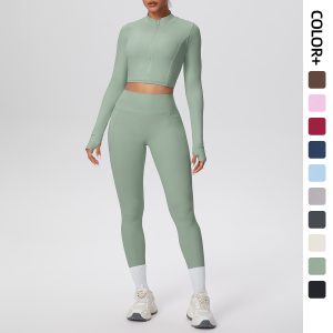 Cropped Zip-Up Yoga Set with High-Waist Leggings & Pockets