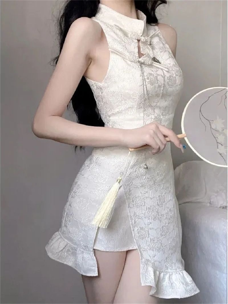New Chinese Style National Style Improved Cheongsam Sleeveless dress Women's Sexy Hot Girl Slim-Fit Ruffled Fishtail Hip Skirt - Image 4