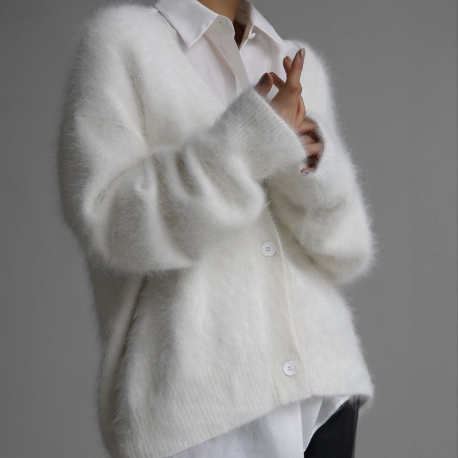 Mink V-neck Knitted Sweater Women's Loose Solid Color Cardigan Women's Coat - Image 4