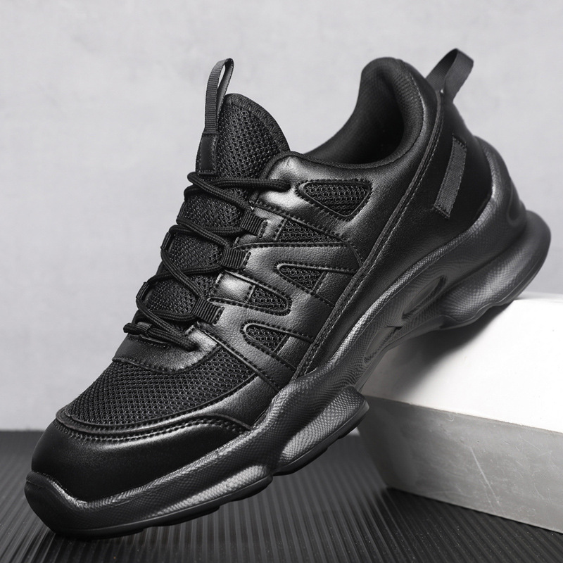 Outdoor black sports shoes, leather mesh men's casual running shoes, shock-absorbing and wear-resistant training shoes, walking sports shoes - Image 6