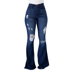 High elasticity ripped jeans, high waisted flared pants