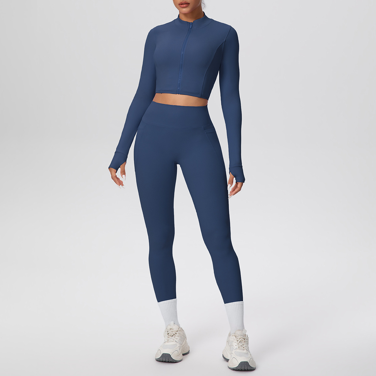 Cropped Zip-Up Yoga Set with High-Waist Leggings & Pockets - Image 8