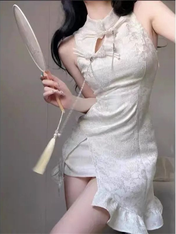 New Chinese Style National Style Improved Cheongsam Sleeveless dress Women's Sexy Hot Girl Slim-Fit Ruffled Fishtail Hip Skirt - Image 3