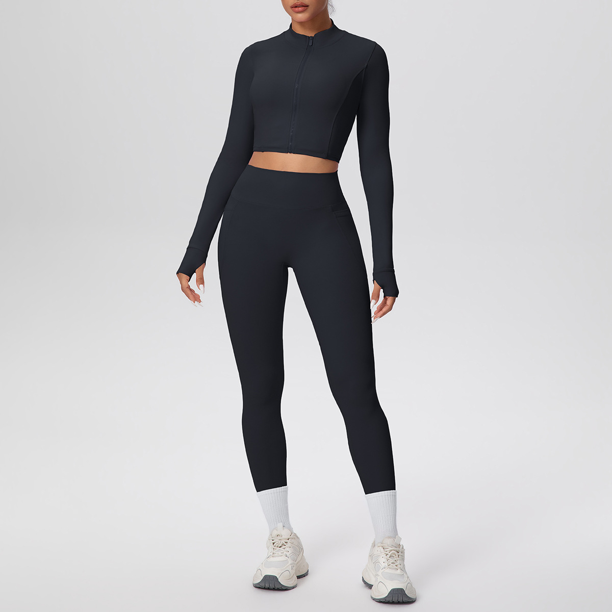 Cropped Zip-Up Yoga Set with High-Waist Leggings & Pockets - Image 7