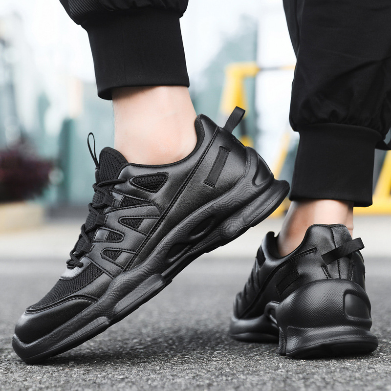 Outdoor black sports shoes, leather mesh men's casual running shoes, shock-absorbing and wear-resistant training shoes, walking sports shoes - Image 4