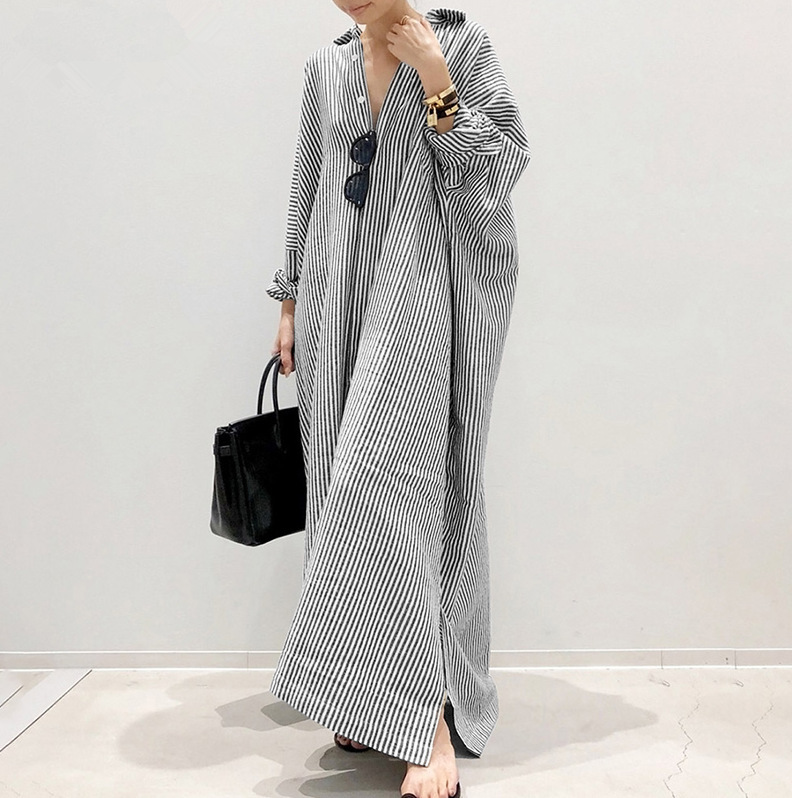 Large size women's clothing wholesale long skirt striped straight tube skirt shirt skirt loose jacket seven quarter sleeve dress - Image 5