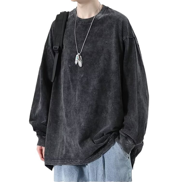 Style Vintage Pure Cotton Old Wash Water Long-sleeved T-shirt Men's High Street Loose Couple's Round Neck Pullover T-shirt Top - Image 5