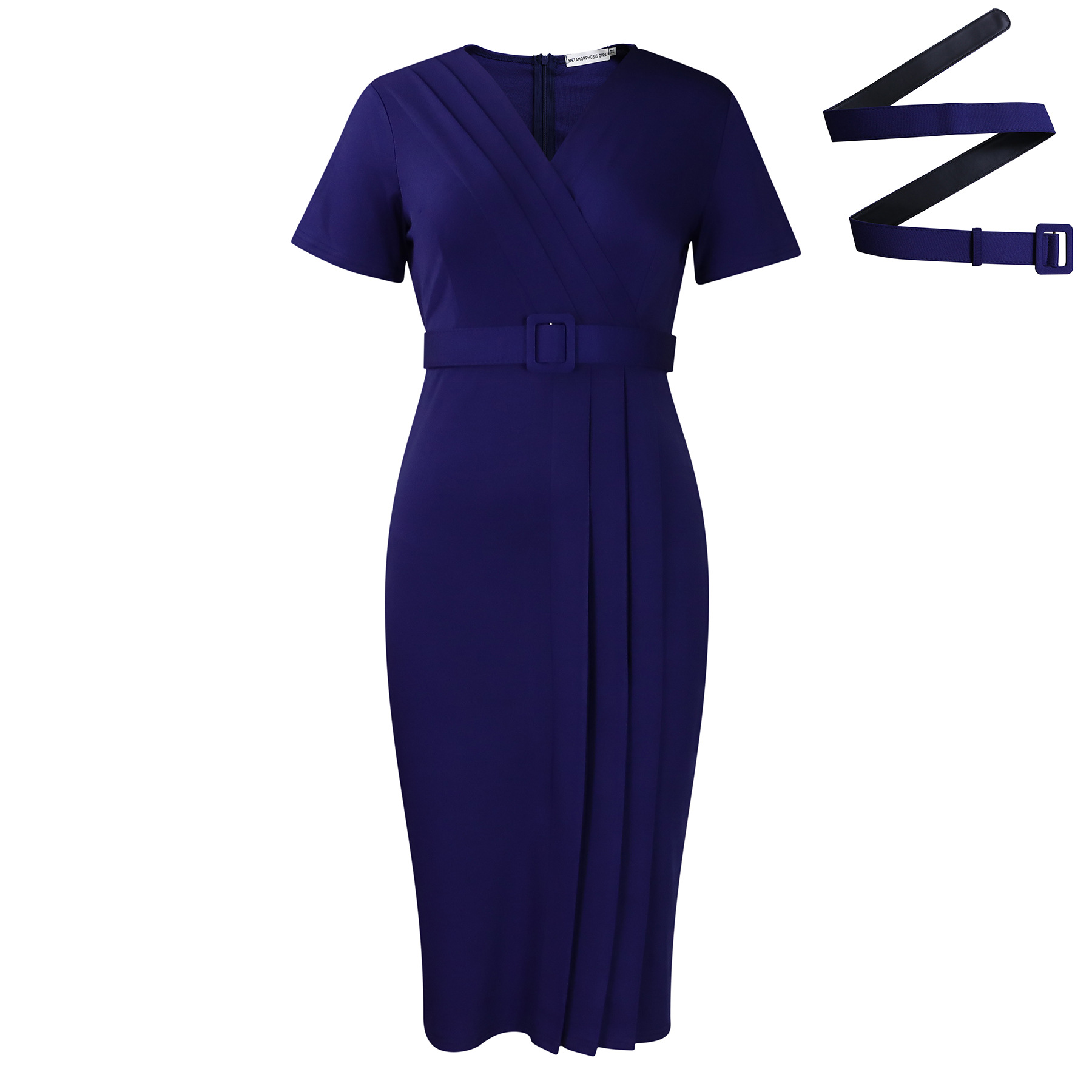 Elegant V-Neck Belted Pencil Dress – Short Sleeve Office Midi Dress - Image 7