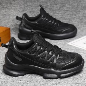 Outdoor black sports shoes, leather mesh men's casual running shoes, shock-absorbing and wear-resistant training shoes, walking sports shoes