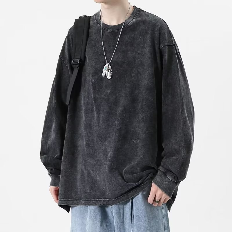 Style Vintage Pure Cotton Old Wash Water Long-sleeved T-shirt Men's High Street Loose Couple's Round Neck Pullover T-shirt Top - Image 3