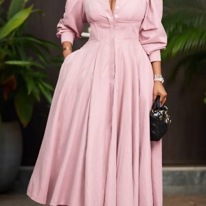 Women’s Elegant Maxi Shirt Dress – Long Sleeve High Waist Pleated Office Dress