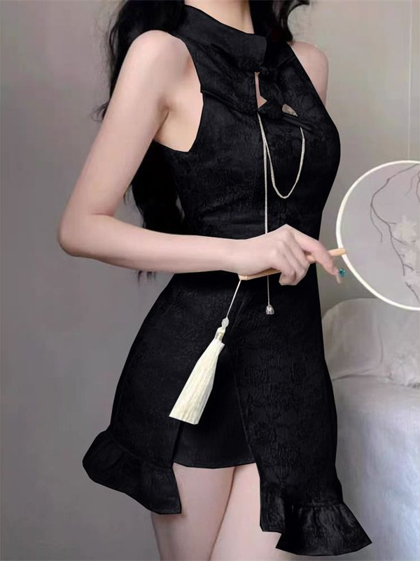New Chinese Style National Style Improved Cheongsam Sleeveless dress Women's Sexy Hot Girl Slim-Fit Ruffled Fishtail Hip Skirt - Image 2