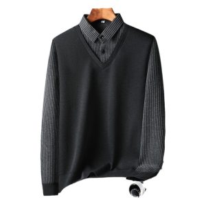 Men’s Business Knit Sweater with Collar – Warm Winter Pullover for Middle-Aged and Elderly