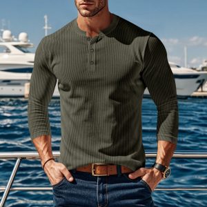 New Men's Outdoor Versatile Casual Corduroy Shirt Top Pure Color Round Neck Long Sleeves