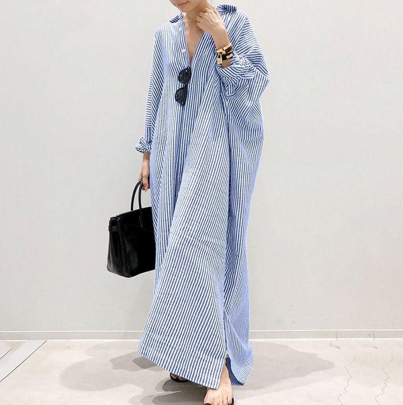 Large size women's clothing wholesale long skirt striped straight tube skirt shirt skirt loose jacket seven quarter sleeve dress - Image 3