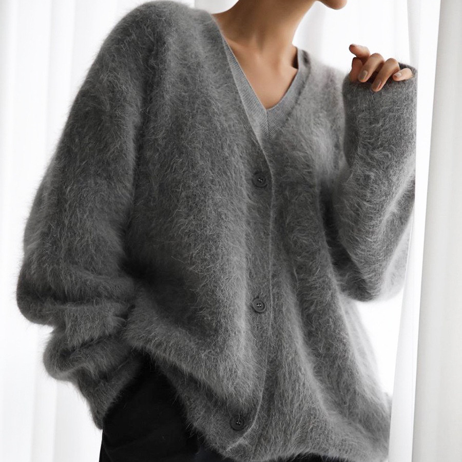 Mink V-neck Knitted Sweater Women's Loose Solid Color Cardigan Women's Coat - Image 3