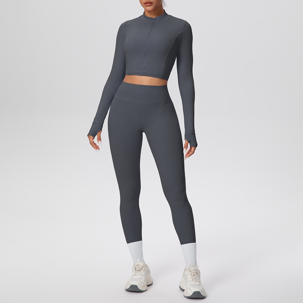 Cropped Zip-Up Yoga Set with High-Waist Leggings & Pockets - Image 11