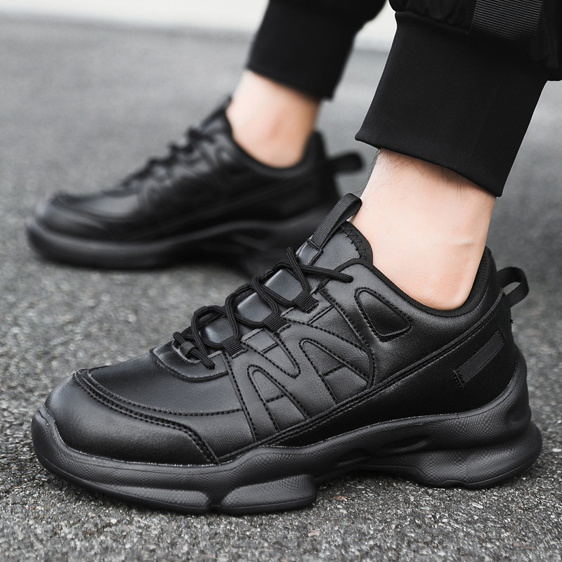 Outdoor black sports shoes, leather mesh men's casual running shoes, shock-absorbing and wear-resistant training shoes, walking sports shoes - Image 2