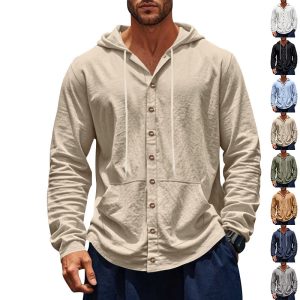 Men’s Hooded Button Shirt – Casual Long Sleeve Beach Shirt