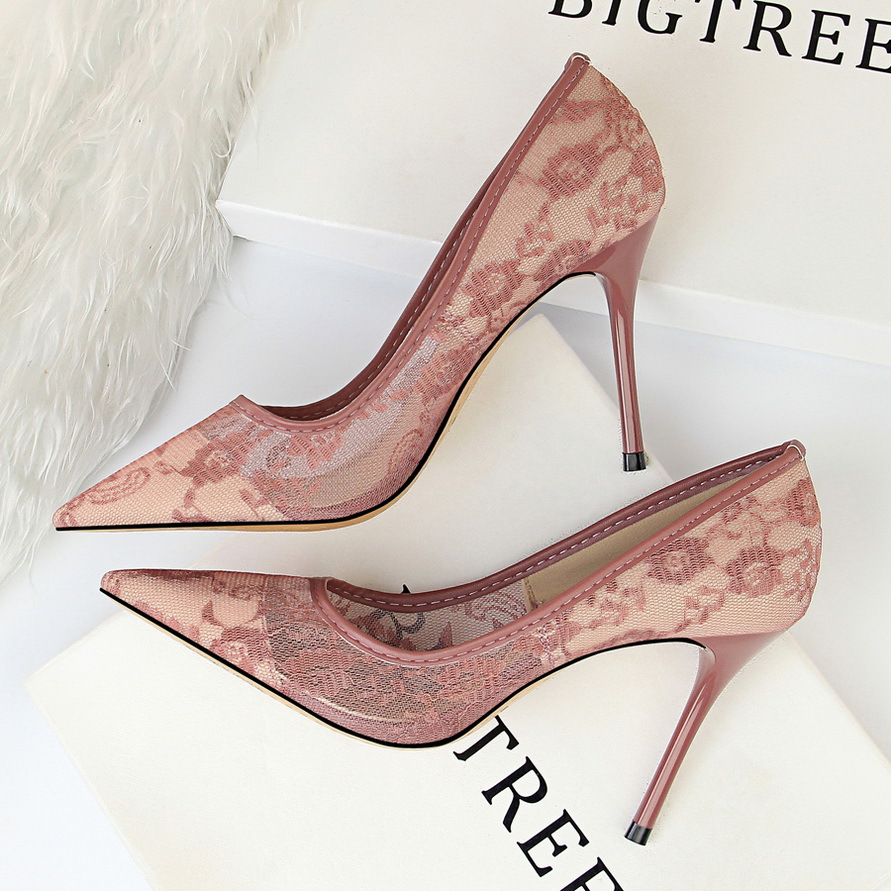 Sexy slimming high heels women's shoes stiletto high heel shallow mouth pointed mesh hollow lace shoes - Image 10