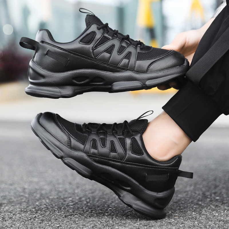 Outdoor black sports shoes, leather mesh men's casual running shoes, shock-absorbing and wear-resistant training shoes, walking sports shoes - Image 3