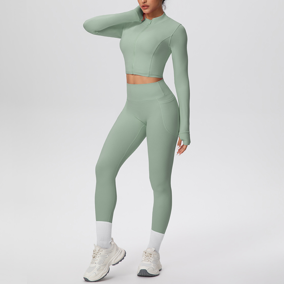Cropped Zip-Up Yoga Set with High-Waist Leggings & Pockets - Image 2