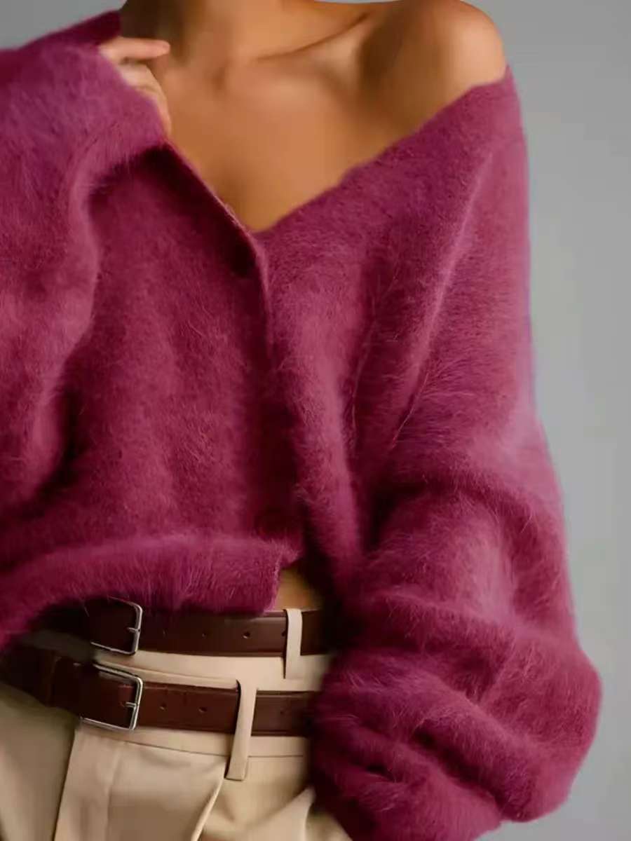 Mink V-neck Knitted Sweater Women's Loose Solid Color Cardigan Women's Coat - Image 9