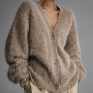 Mink V-neck Knitted Sweater Women's Loose Solid Color Cardigan Women's Coat