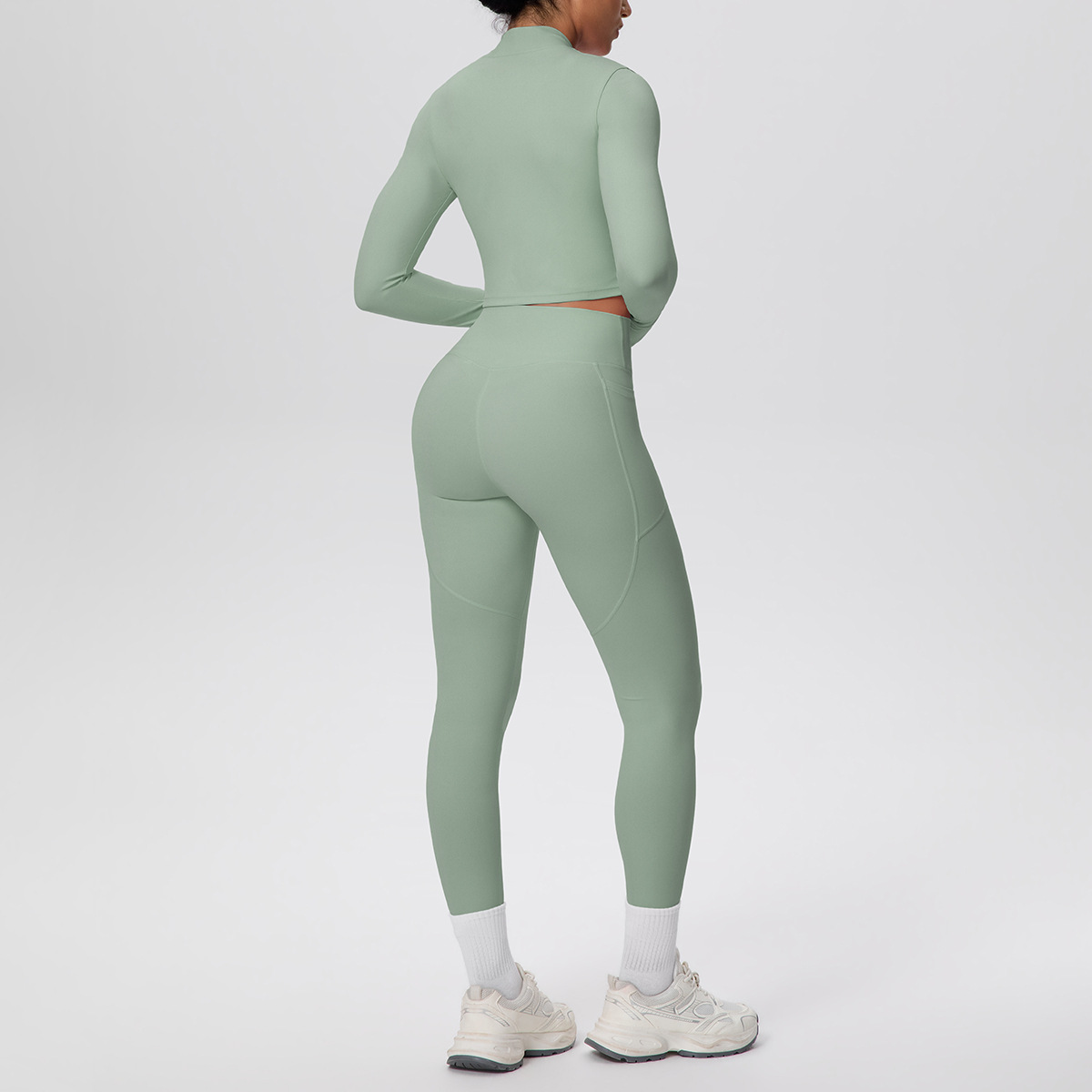 Cropped Zip-Up Yoga Set with High-Waist Leggings & Pockets - Image 4