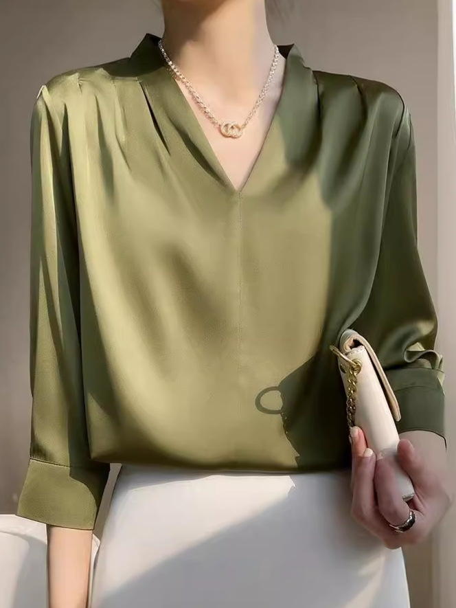 New simulation silk top satin chiffon V-neck top with seven quarter sleeves - Image 2